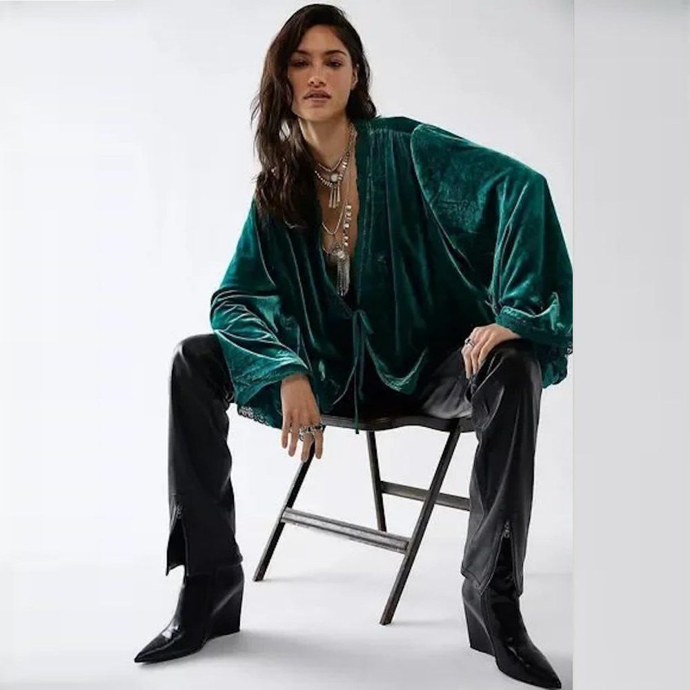Free People New Free People Velvet Bed Everglade Green Viscose Jacket S Size XS / US 0-2 / IT 36-38 - 1 Thumbnail