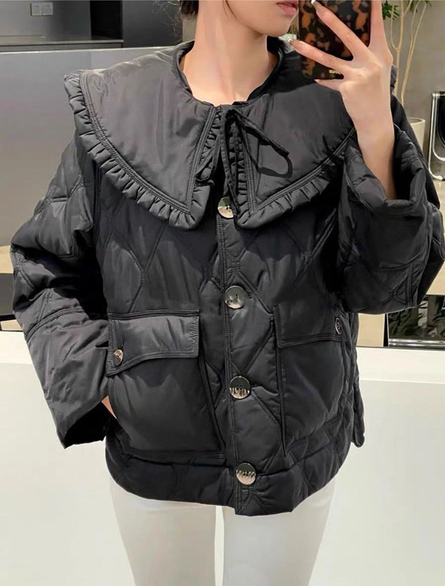 image of Ganni Detachable-Collar Ruffled Quilted Jacket Black, Women's (Size Small)