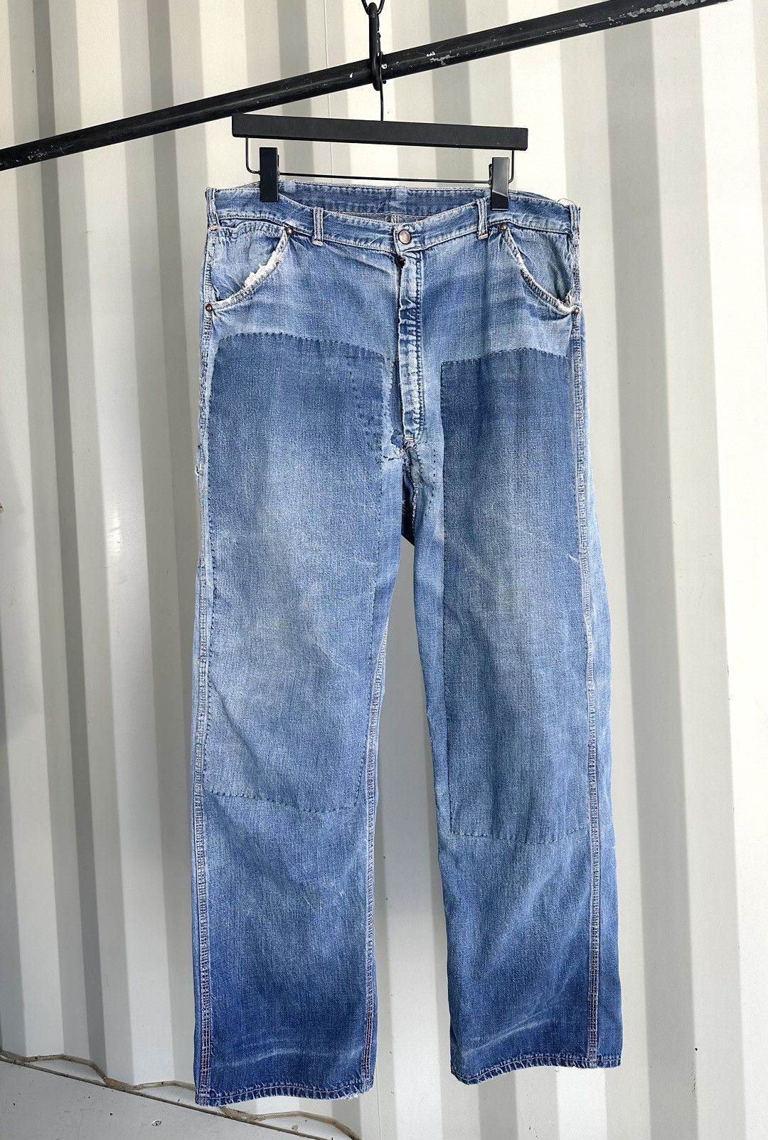 image of Vintage Thrashed Repaired Denim Farm Jeans in Blue, Men's (Size 36)