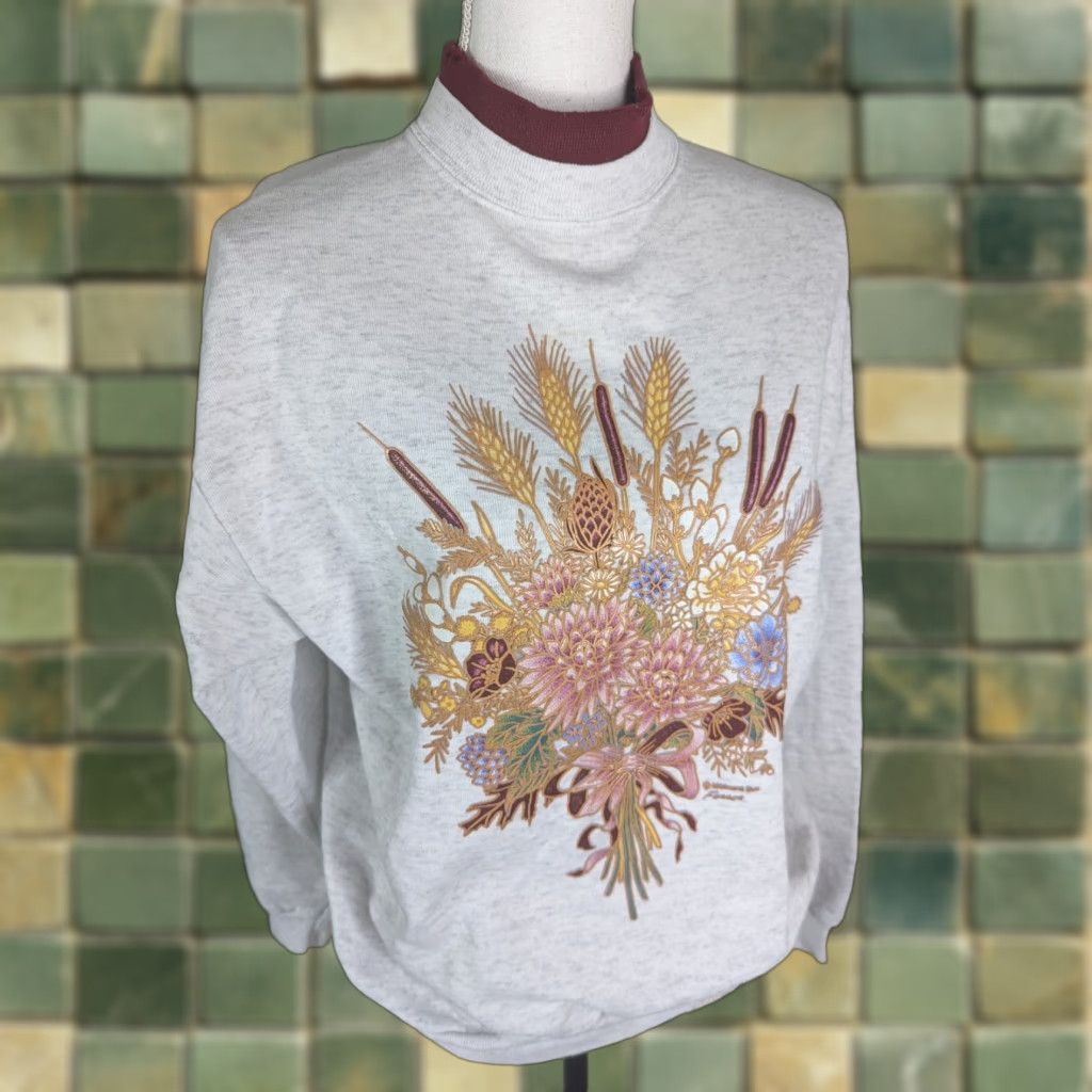 Vintage VINTAGE 80s Womens Gray Floral Print Turtle Neck Sweatshirt Sweater Flower PM Size M / US 6-8 / IT 42-44 - 1 Thumbnail