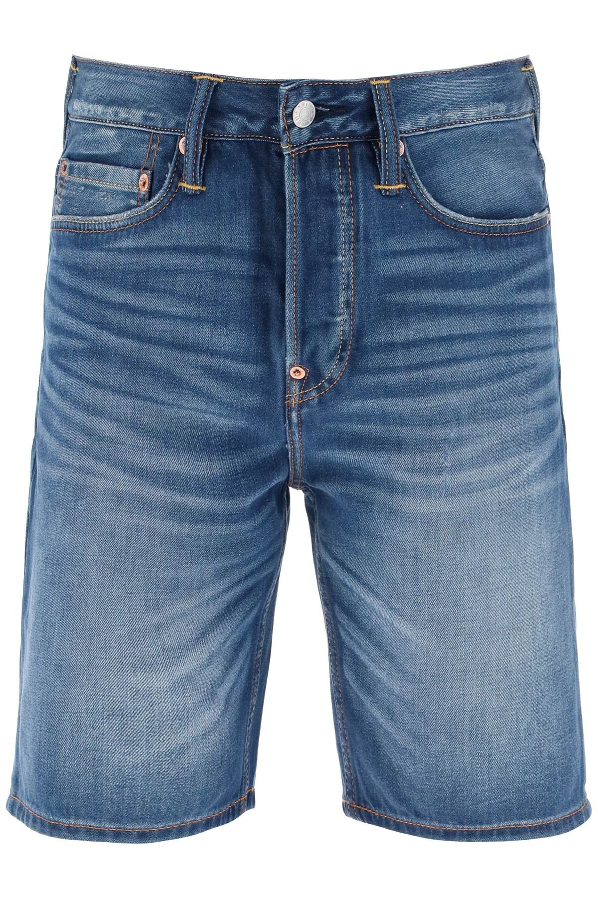image of Evisu Graffiti Daruma Denim Shorts in Indigo Mid Tone, Men's (Size 30)