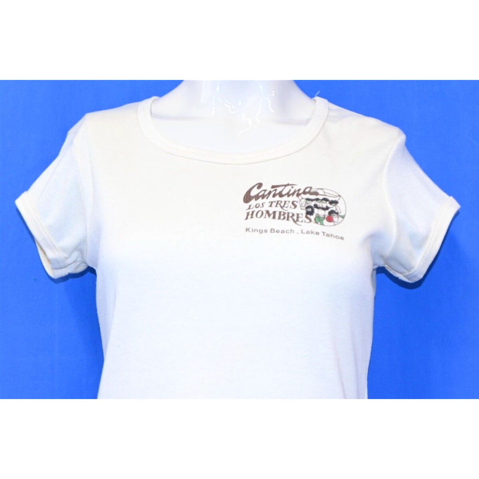 image of Vintage 80's Cantina Los Tres Hombres Lake Tahoe Ca Women's T-Shirt Small S in White