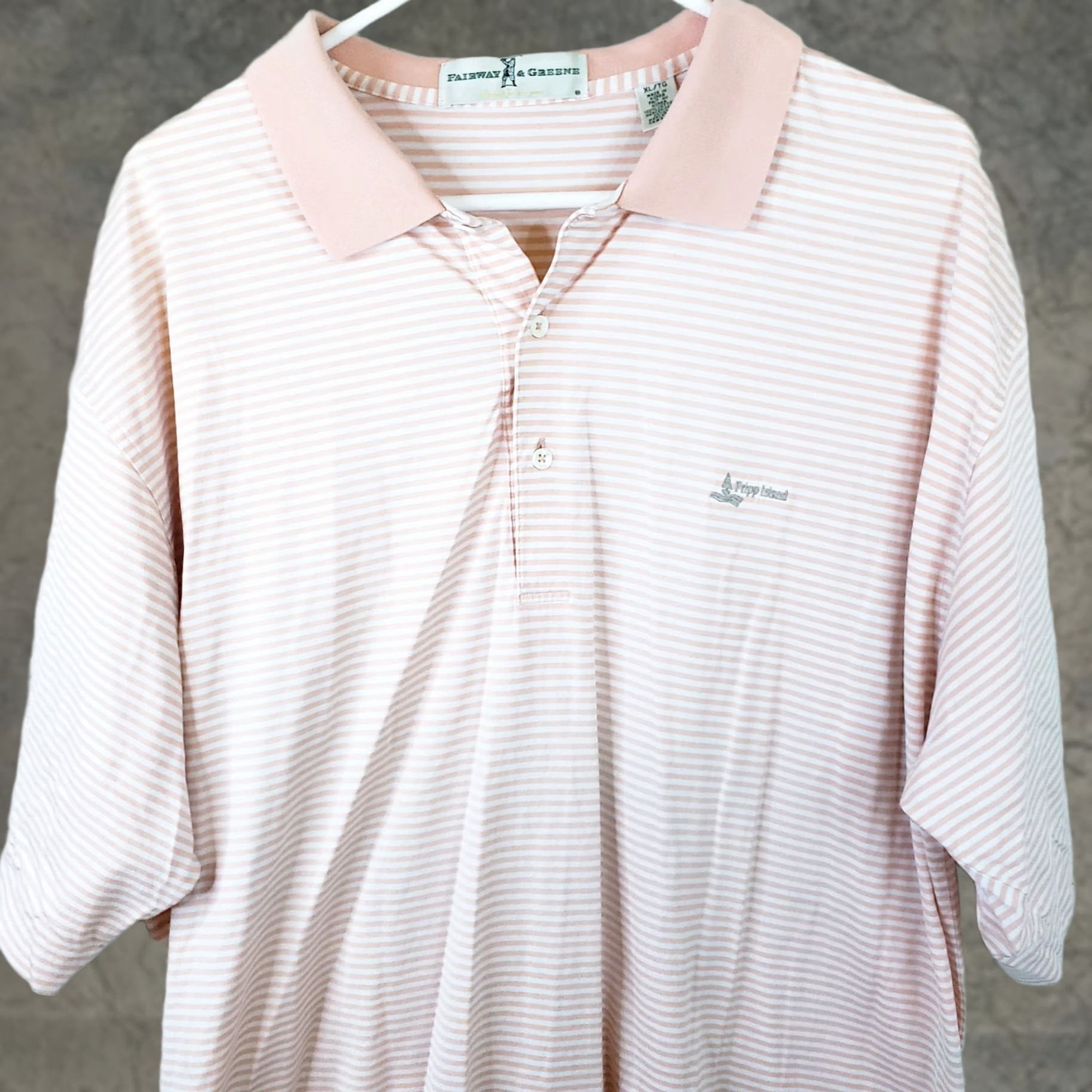 Vintage Fairway & Greene XL Shortsleeve Polo Peach Pink Striped Fripp Island Chest Logo Polo Shirt Mens XL Pink Striped Fripp Island Logo Size US XL / EU 56 / 4 - 1 Thumbnail