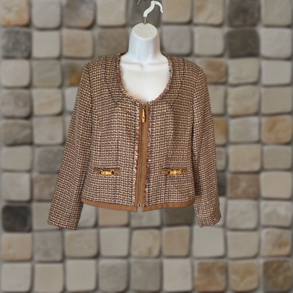 Ellen Tracy Ellen Tracy Blazer Jacket Brown Cream Checkered Tweed Full Zip Wool Regular M Womens Size M / US 6-8 / IT 42-44 - 1 Thumbnail