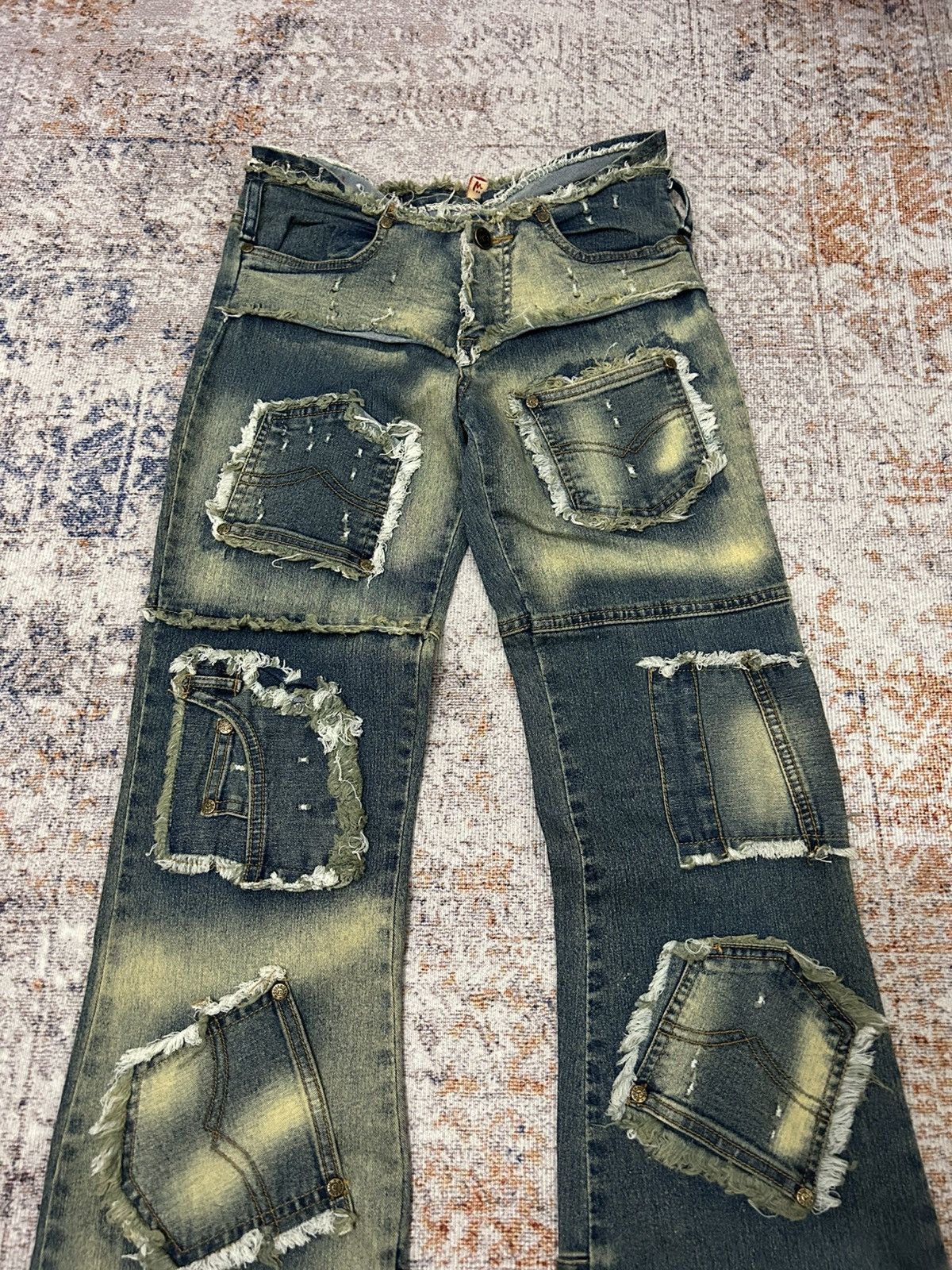 If Six Was Nine Modernistic Acid Wash Multi Pocket Flare Jeans Size US 28 / EU 44 - 5 Thumbnail