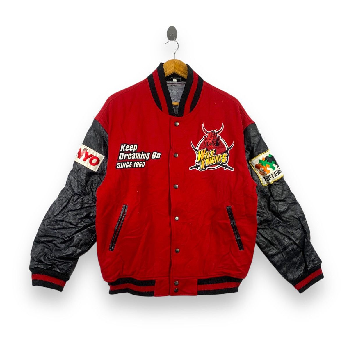Japanese Brand Vintage SANYO WILD KNIGHTS Rugby Varsity Jacket Red Leather Size US XL / EU 56 / 4 - 1 Thumbnail