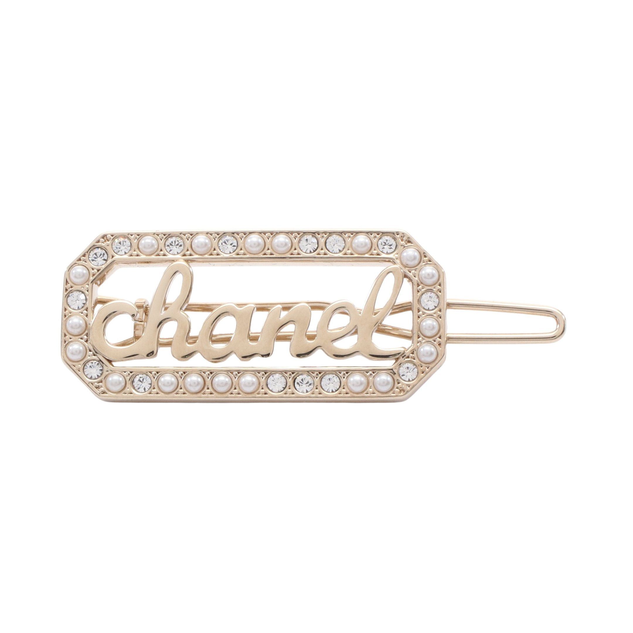 Chanel Chanel Logo Hair Clip Gp Rhinestone Fake Pearl Gold Clear White L23B Size ONE SIZE - 1 Thumbnail