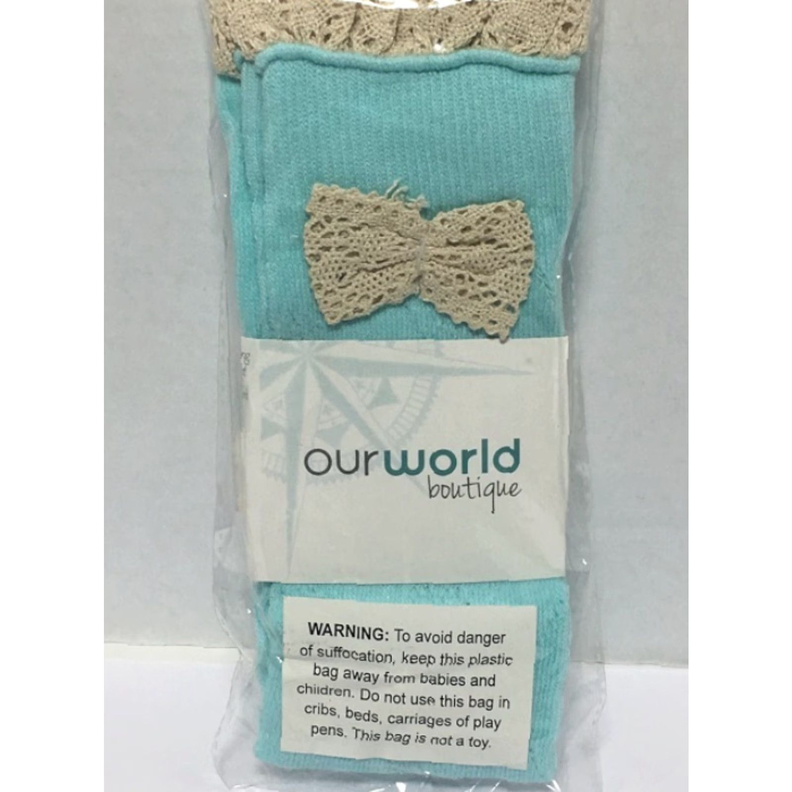 AQUA WOMEN'S LACE BOOT SOCKS with BOW, AQUA, One Size, Crochet Style, Our World Boutique Size US 4 / IT 34 - 2 Thumbnail