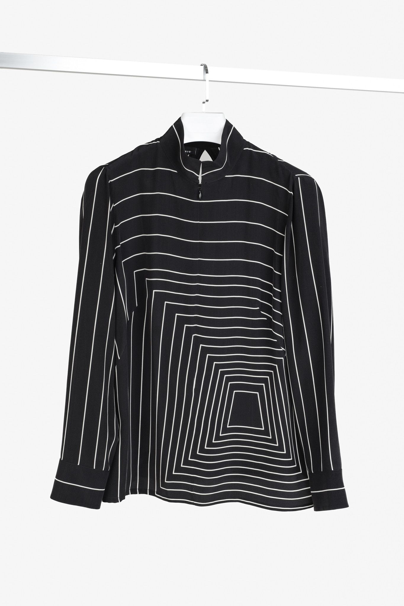 Akris Akris Black Taupe Geometric Stripes Zip-Front Silk Blouse Size L / US 10 / IT 46 - 1 Thumbnail