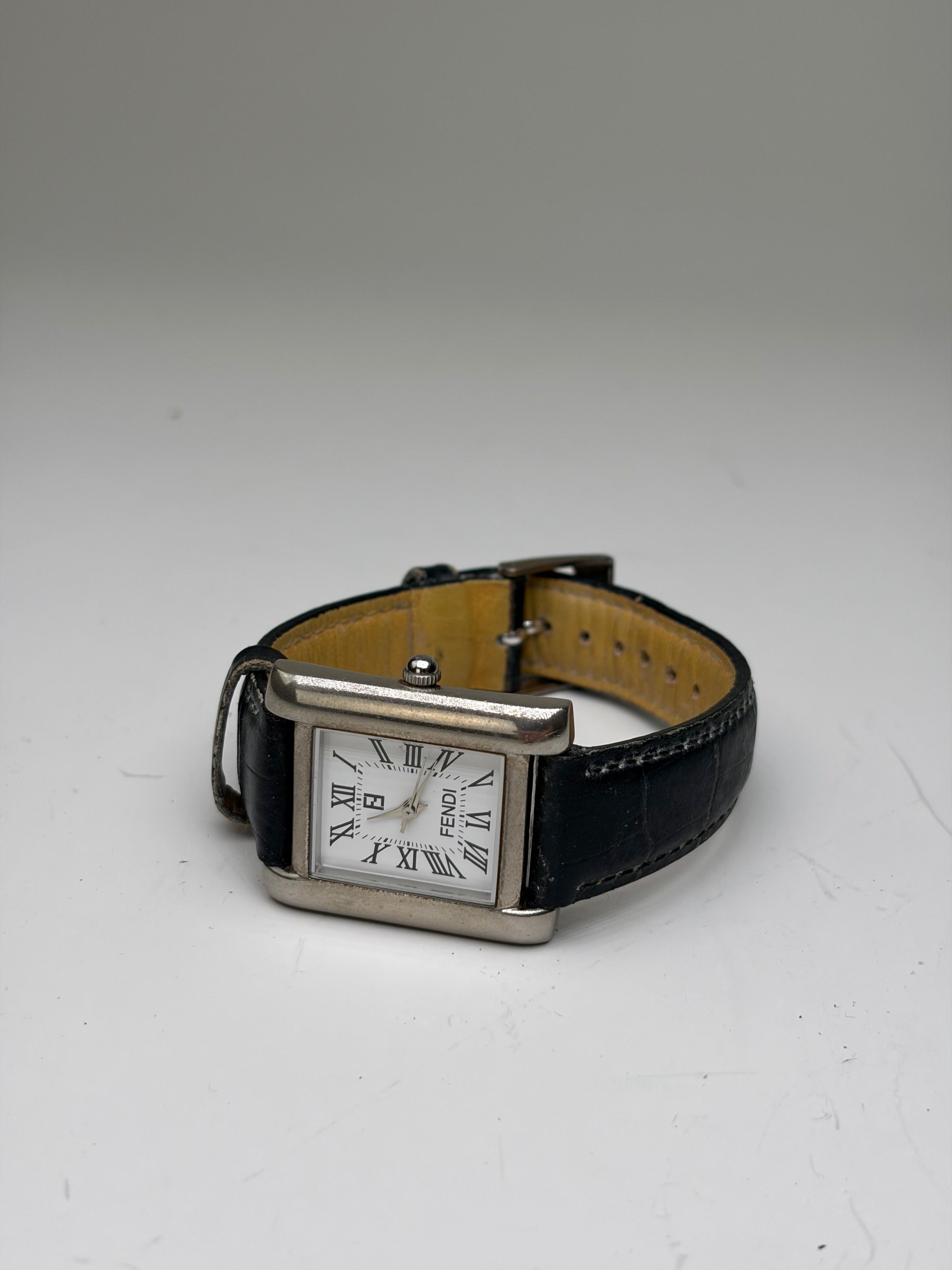 Vintage Stainless Steel Leather Strap Watch Black White, Women's