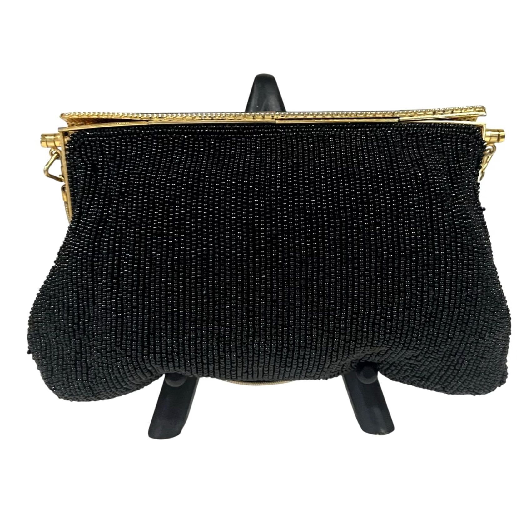 Vintage VINTAGE Black Beaded Evening Purse Clutch Handbag Amber Abalone Shell Clasp Women Size ONE SIZE - 5 Thumbnail