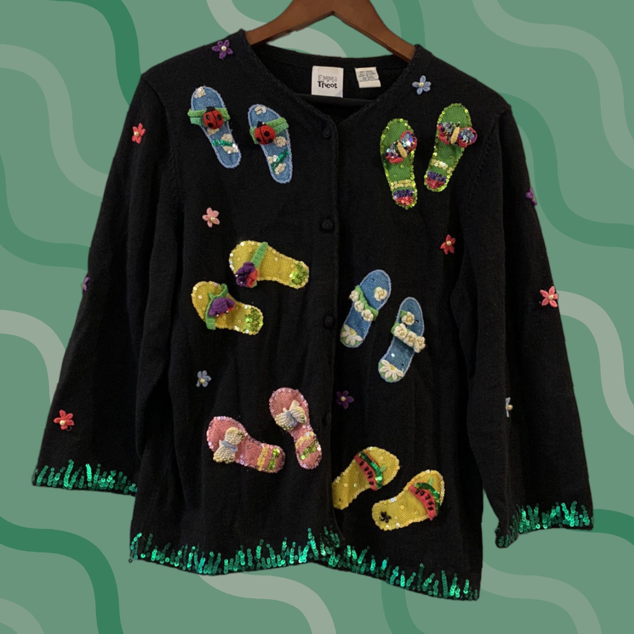 Tricot Cardigan Sweater Long Sleeve Women L Multicolor Embroidered Sequined Summer Vintage?