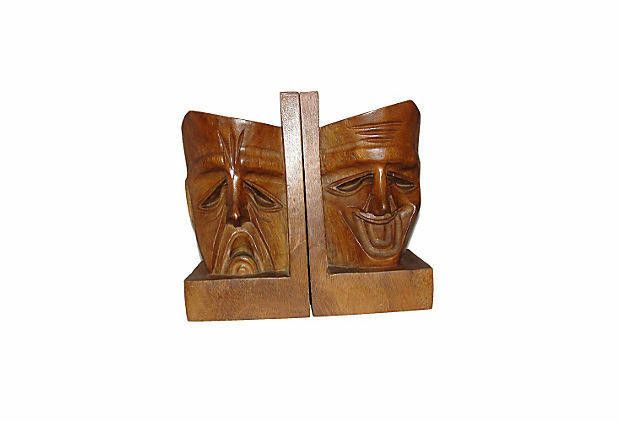 Designer 1960s Drama Face Wood Bookends Size ONE SIZE - 1 Thumbnail