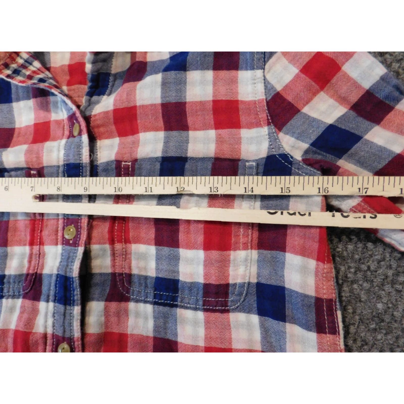 Madewell Madewell Womens Blouse 2XS Red Plaid Button-Up Crew Neck Long Sleeve Casual Ruffle Cotton Rayon Classic Modern Regular Womens Size XXS / US 00 / IT 34 - 5 Thumbnail