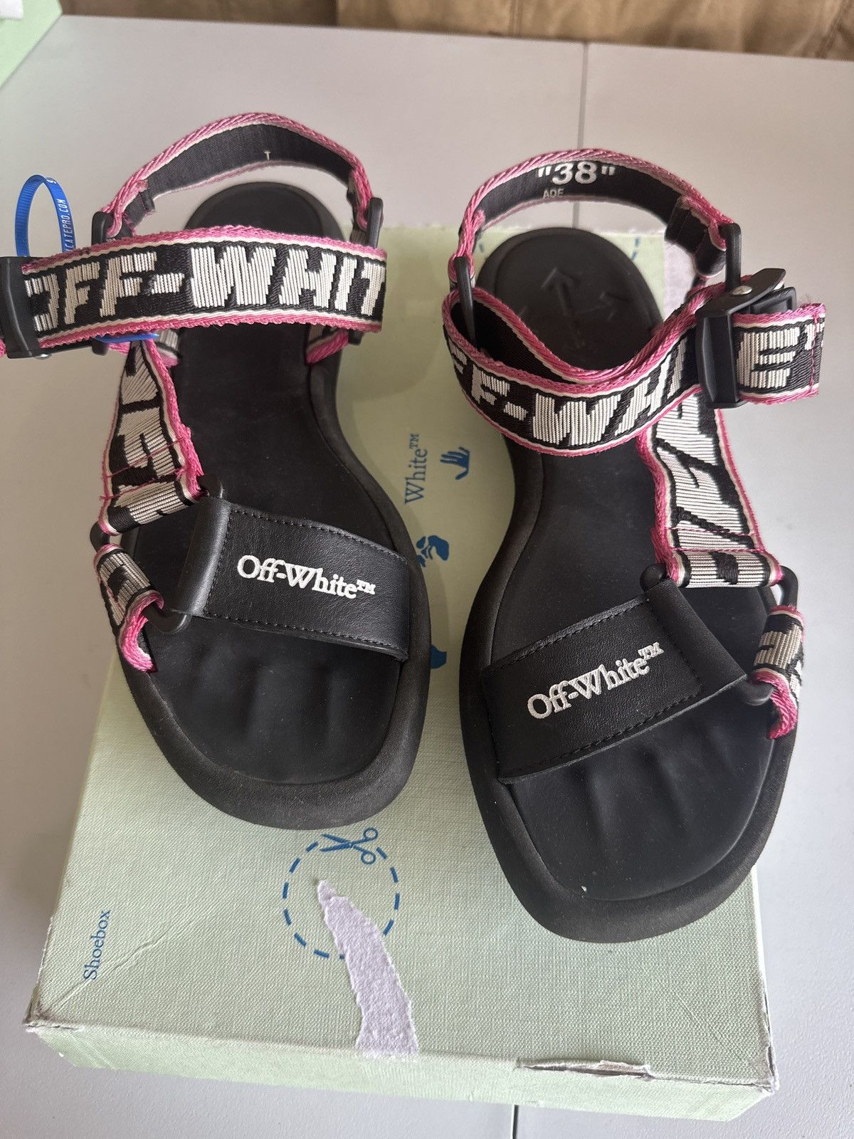 image of Off White Strappy Sandal in Black, Women's (Size 8)