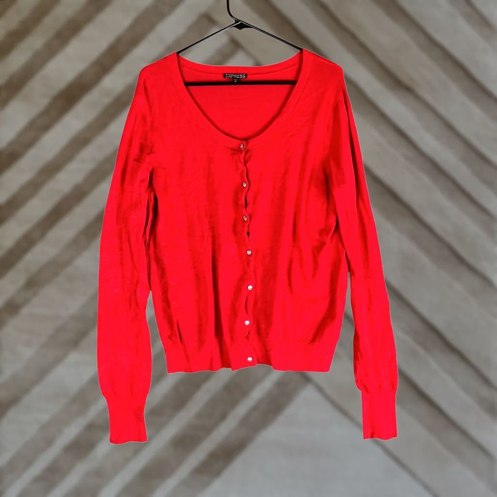 Express Express Womens Cardigan Sweater Red Diamond Button Front Long Sleeve Stretch XL Cardigan Knit Solid Crew Neck Women’s - Casual Workwear Size XL / US 12-14 / IT 48-50 - 1 Thumbnail