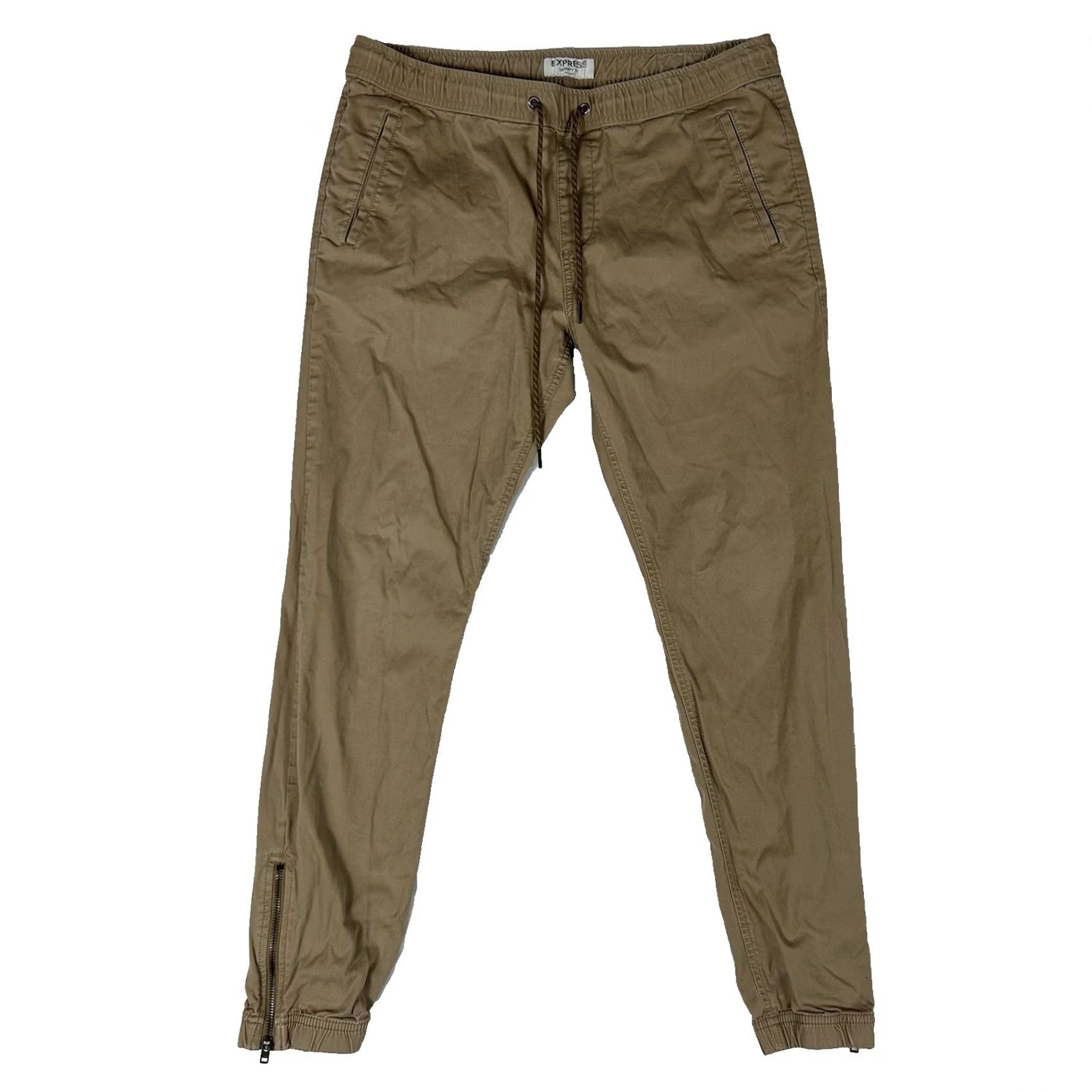 Express Express Jogger Pants Mens Size 32 Beige Slim Fit Beis Side Zip Pockets Stretch Tapered Inseam 29 Cotton Blend Spandex Size US 32 / EU 48 - 2 Thumbnail