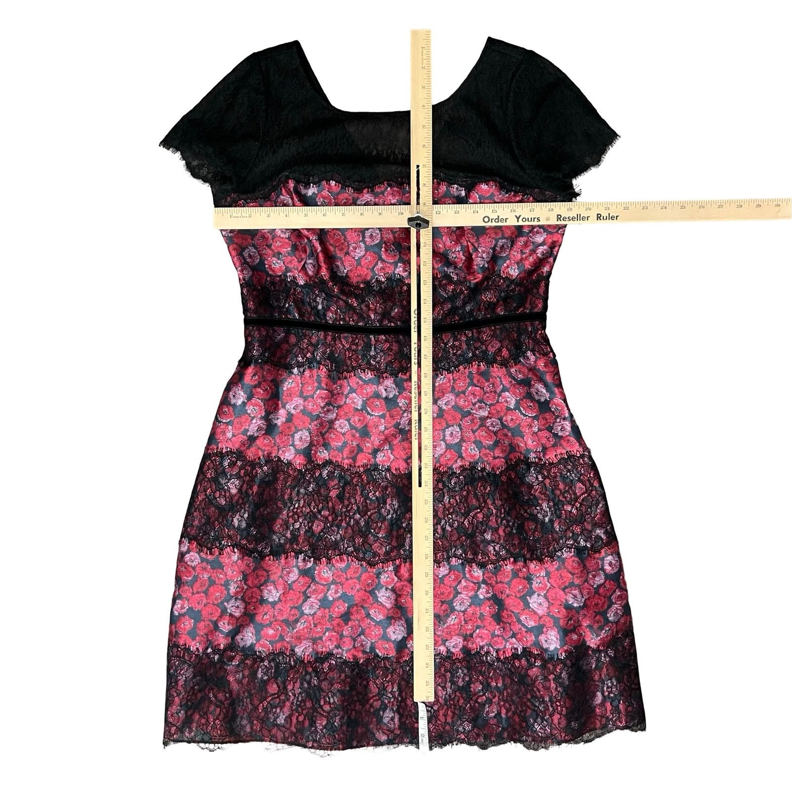 Kay Unger NY Black Pink Cap Sleeve Floral Lace Mini Dress L
