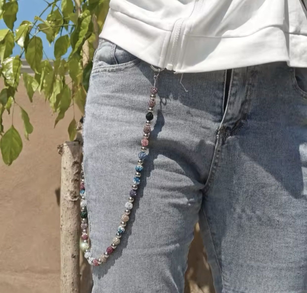 Japanese Brand Round Bead Rhinestone Multicolor Punk Pants Chain Size ONE SIZE - 1 Thumbnail