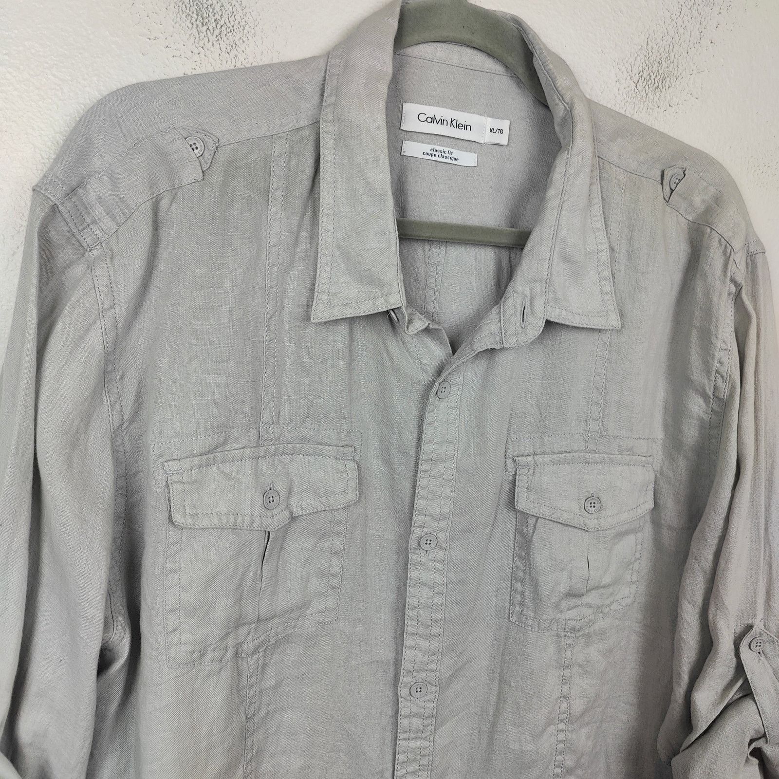 Calvin Klein Calvin Klein Linen Button Up Shirt Mens XL Gray Roll Tab Size US XL / EU 56 / 4 - 2 Thumbnail