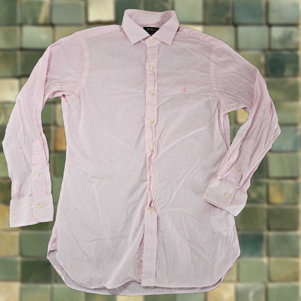 Polo Ralph Lauren Polo Ralph Lauren Dress Shirt Mens 15.5 32/33 Pink Slim Pinstriped Cotton Pony Shirt Men's Slim Pink Pinstripe Button-Up Vintage? Size 42R - 1 Thumbnail
