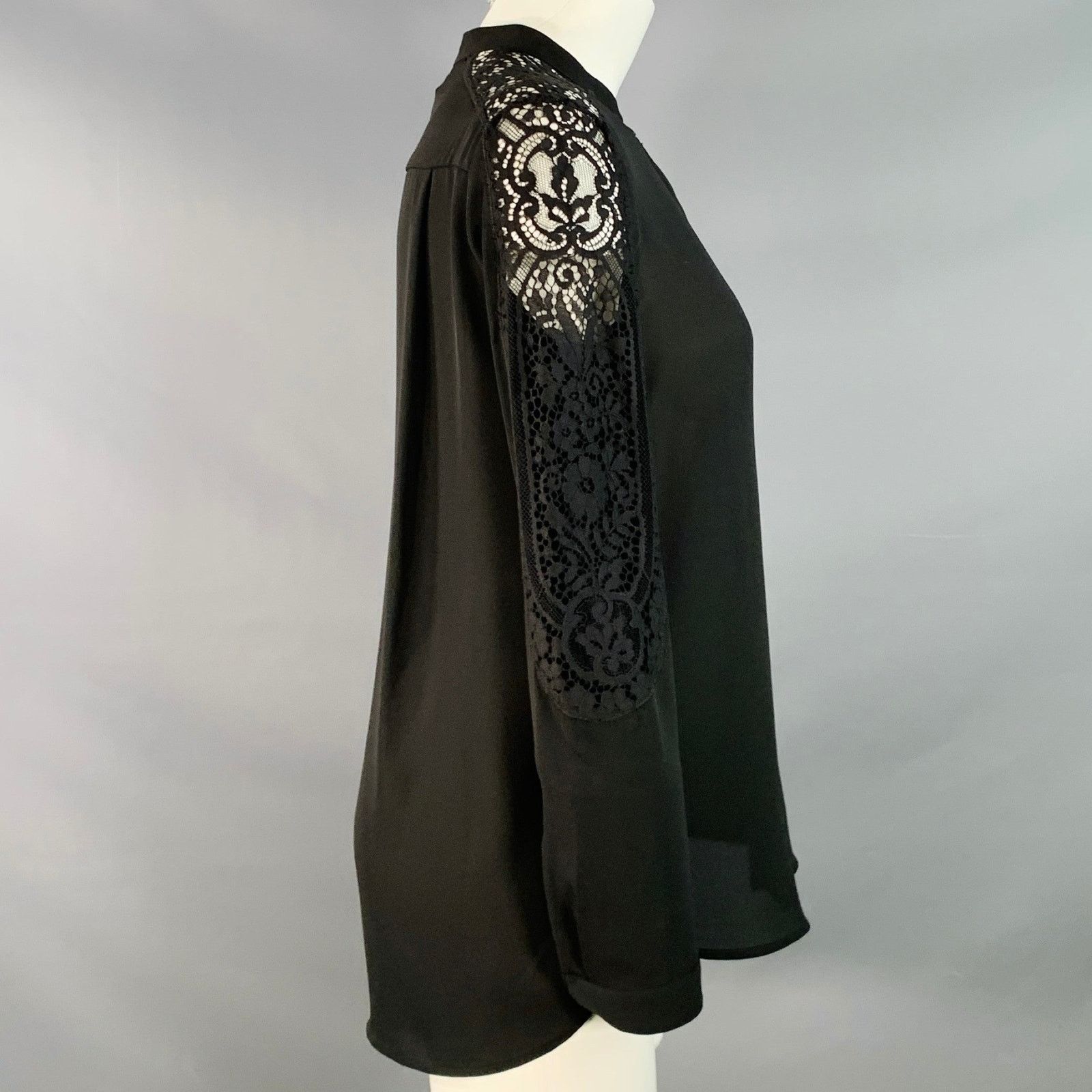 The Kooples Black Polyester Collarless Lace Trim Hidden Buttons Blouse Size S / US 4 / IT 40 - 2 Thumbnail