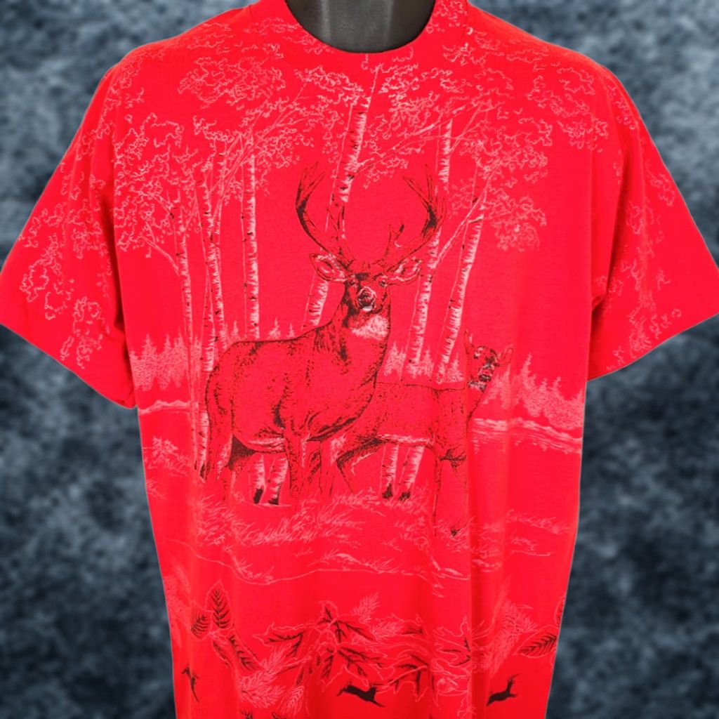Fruit Of The Loom VINTAGE Deer T Shirt Mens XL Red 90s All Over Print Nature Tee Made In USA Fruit of the Loom Shirt Mens Red 90s Deer Nature Graphic Tee Size US XL / EU 56 / 4 - 1 Thumbnail