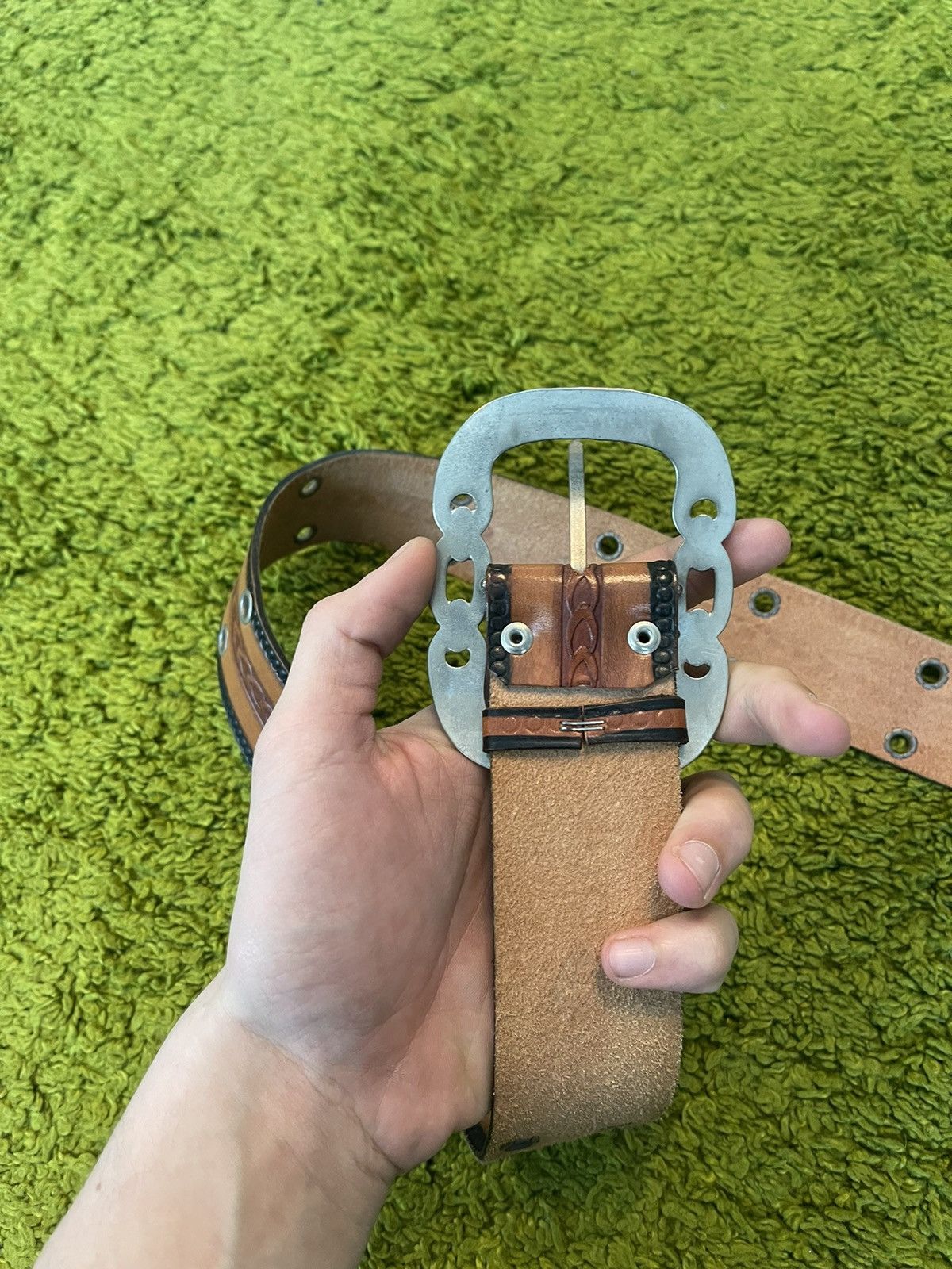 Cowboy Equipment × Genuine Leather × Vintage Western Cowboy style real leather chain pattern buckle belt Size 34 - 5 Thumbnail