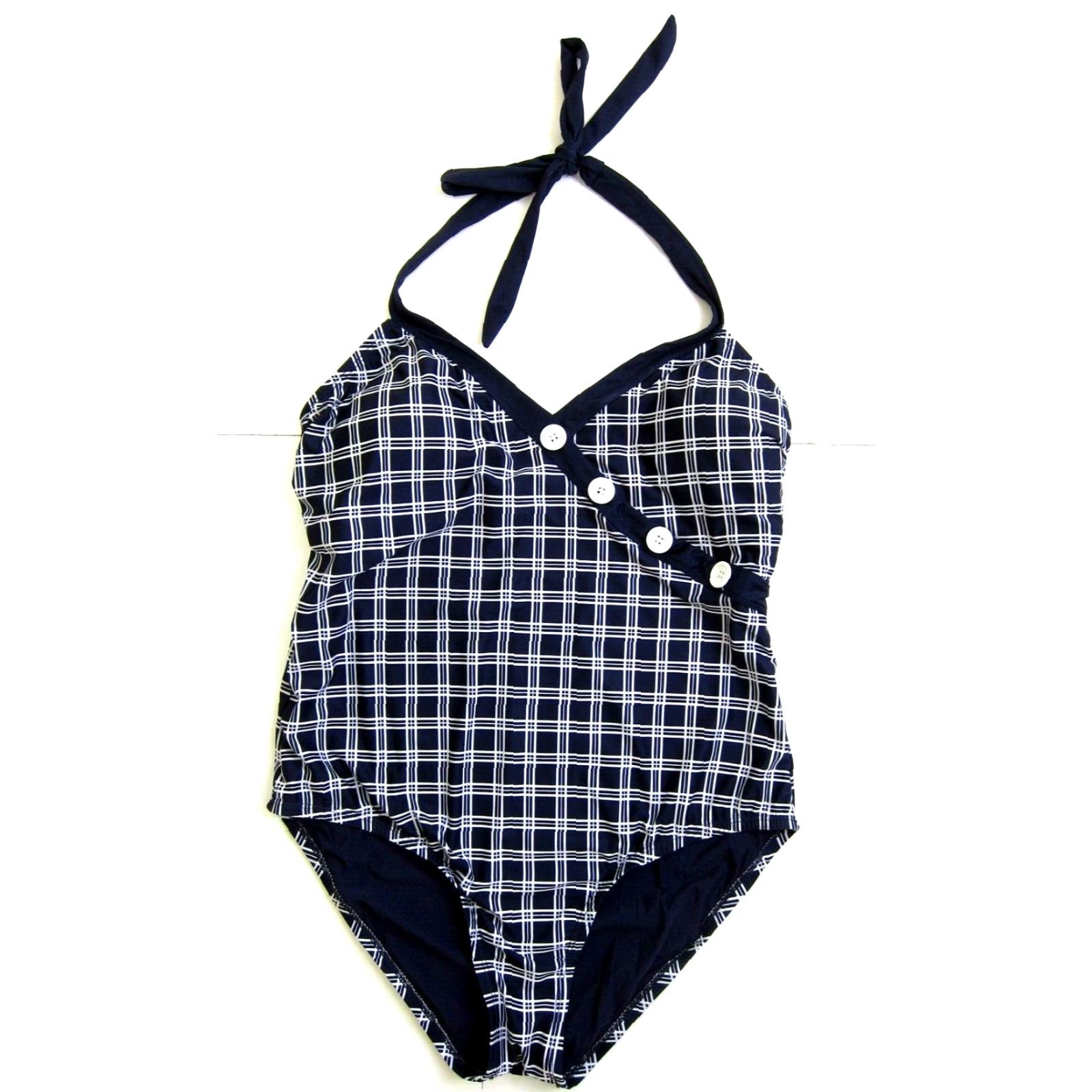 Vintage ModCloth Blue White Plaid Button Halter V-Neck One Piece Swimsuit Women 16-18 Size ONE SIZE - 2 Thumbnail