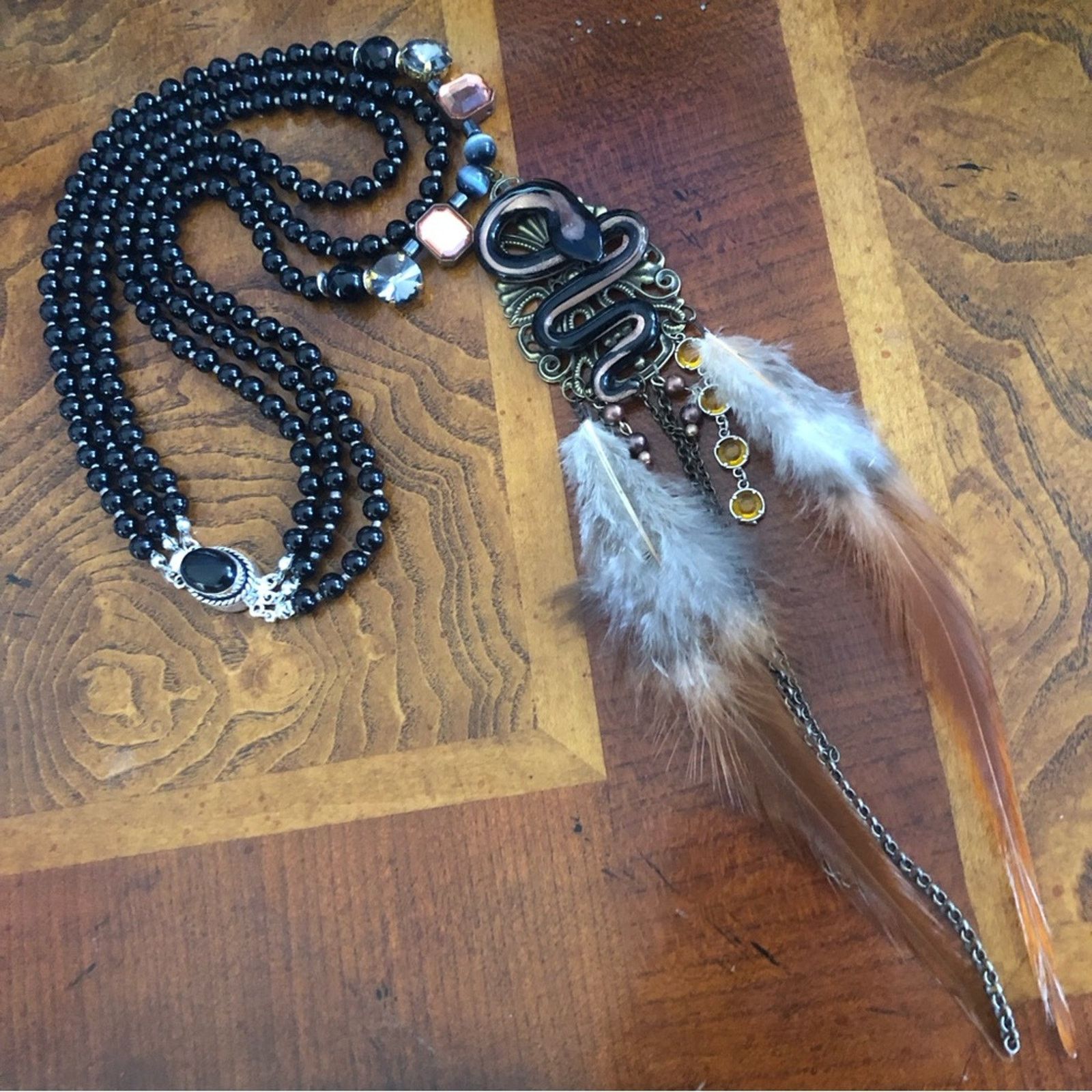 Handmade Handcrafted filigree snake Czech Pearl genuine onyx necklace Size ONE SIZE - 9 Thumbnail