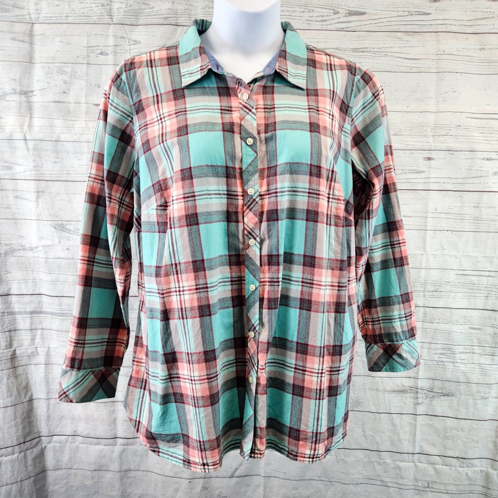 Talbots Talbots Shirt Womens 1X Pink Aqua Plaid Long Sleeve Cotton Button Front Size XL / US 12-14 / IT 48-50 - 2 Thumbnail