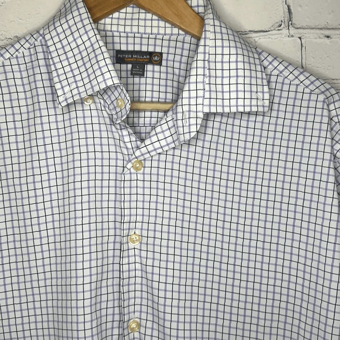 Peter Millar Dress Shirt Mens Long Sleeve Purple Gray Checkered L Large Multicolor Shirt