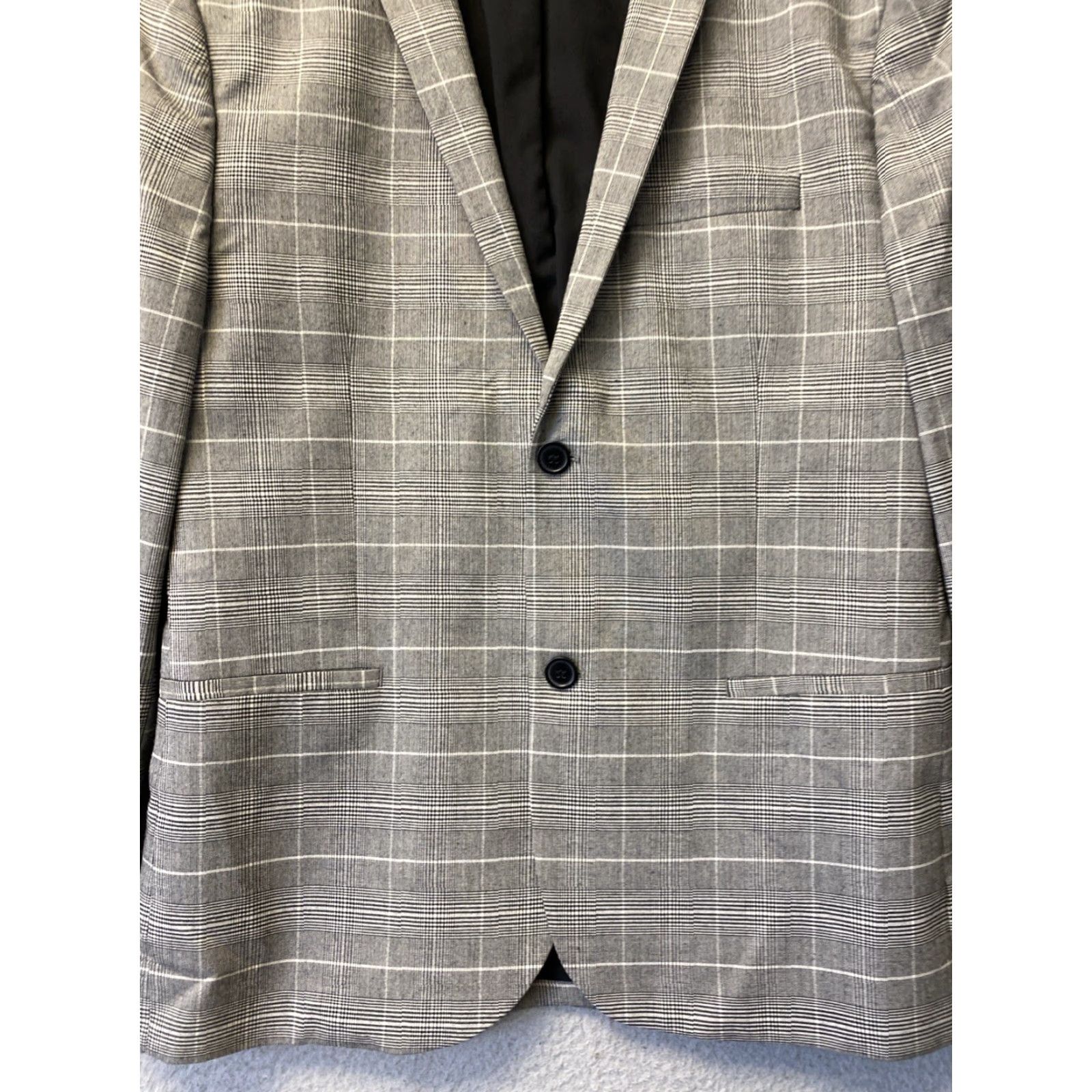 H&M VINTAGE H&M Grey Plaid Blazer Sports Coat Men's Skinny Fit 44 Regular Size 44R - 2 Thumbnail