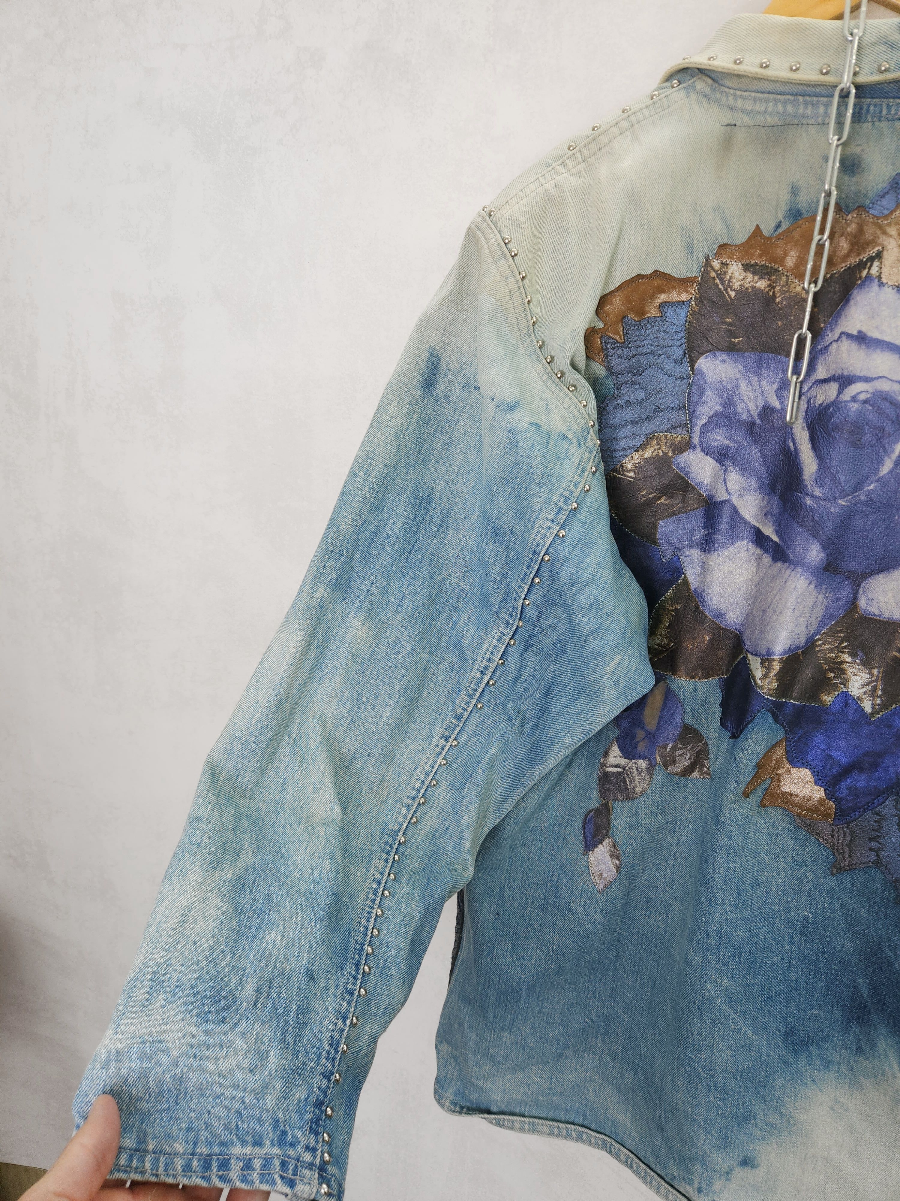 Roberto Cavalli 80s Roberto Cavalli denim jeans jacket leather flowers Size L / US 10 / IT 46 - 11 Thumbnail