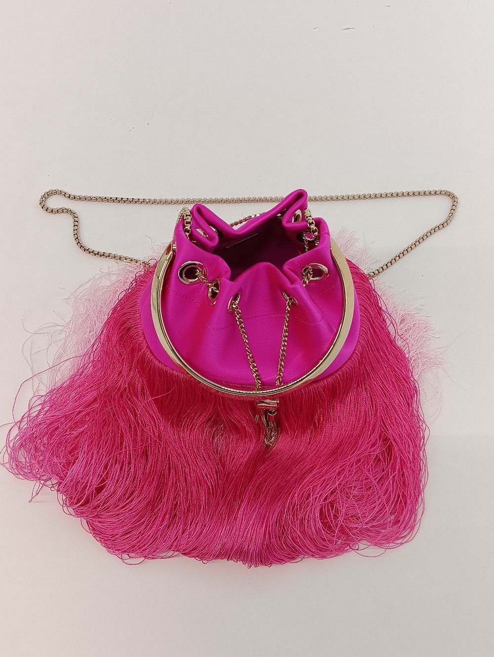 Jimmy Choo Jimmy Choo Bon Bon Small Fringed Satin Bucket Bag - Fuchsia Size ONE SIZE - 9 Thumbnail