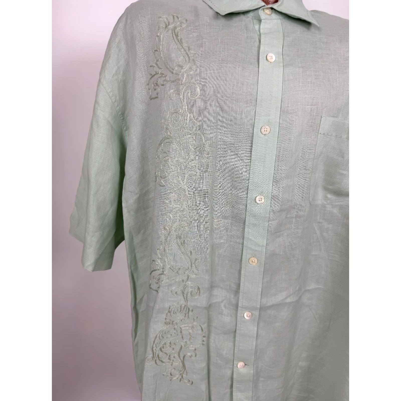 Nat Nast Nat Nast Linen Shirt Mens XXL Embroidered Paisley Button-Up Short Sleeve Collared Oversized Travel Green Size US XXL / EU 58 / 5 - 6 Thumbnail