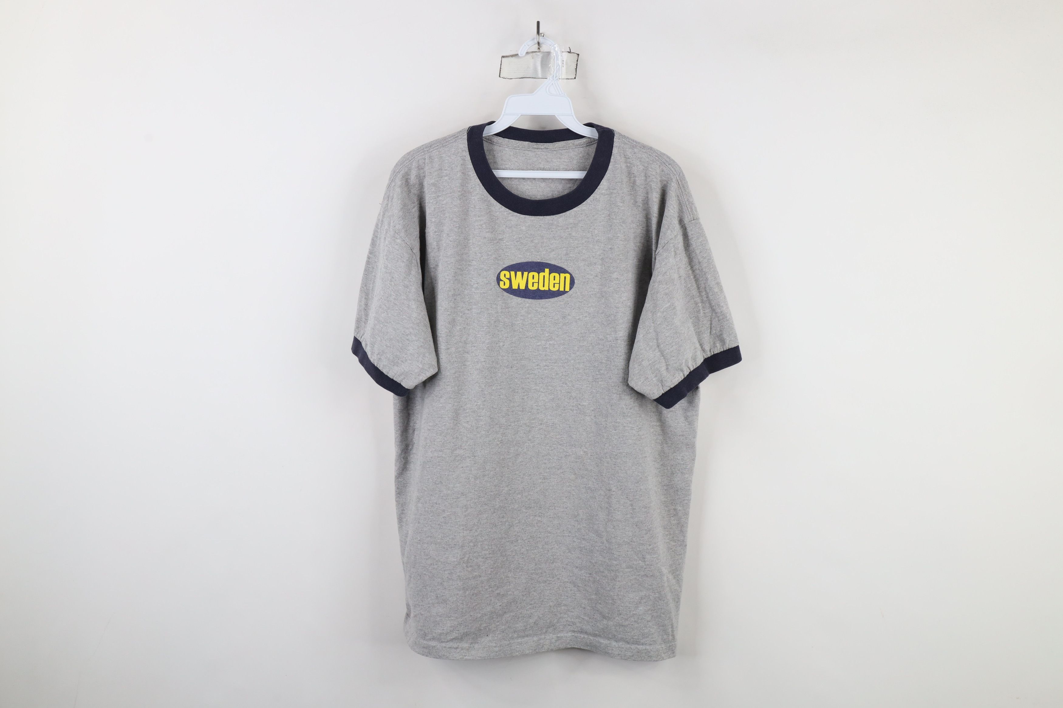 Vintage Vintage 90s Streetwear Spell Out Sweden Ringer T-Shirt Gray Size US L / EU 52-54 / 3 - 1 Thumbnail