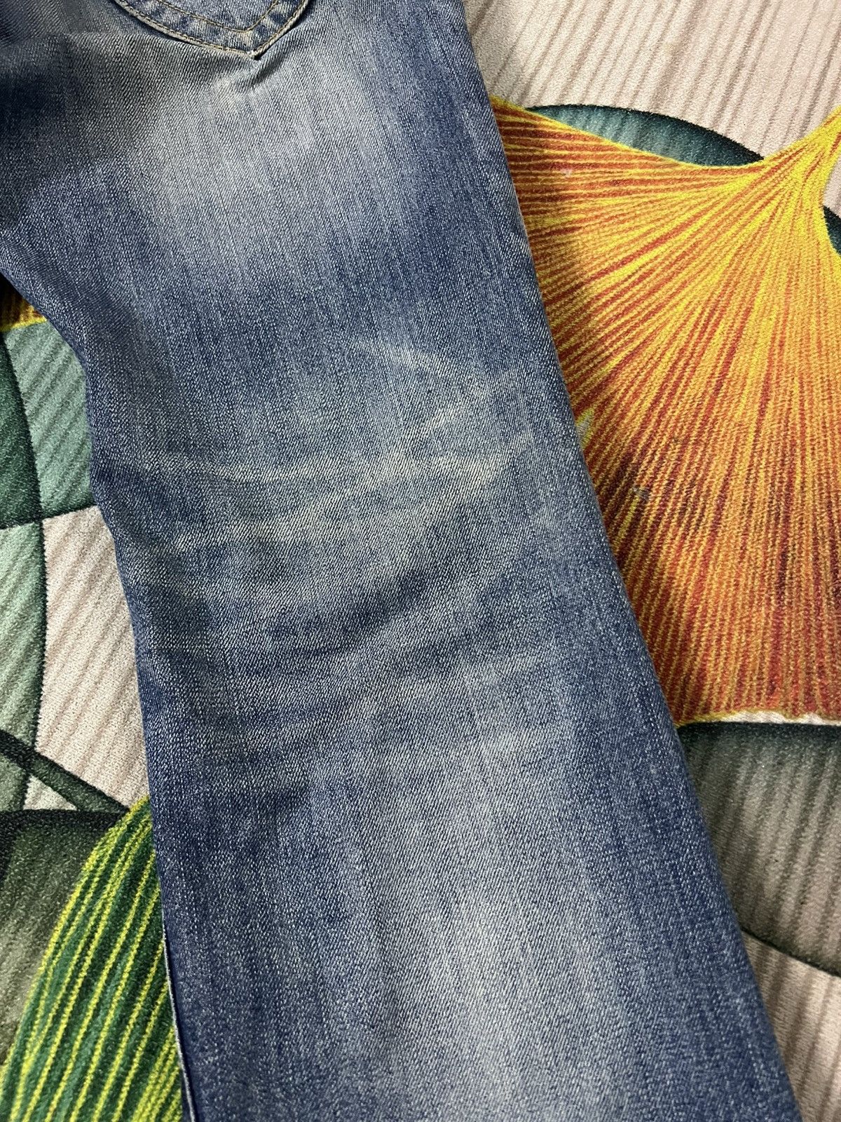 Japanese Brand 💥Twist Leg💥Purple & Yellow Distress Backle Back Flare Jean Size US 31 - 20 Thumbnail