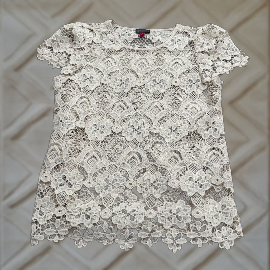 Vince Camuto Vince Camuto Blouse Womens XS Short Sleeve Lace Embroidered Floral Casual Boho Summer Beige Size XS / US 0-2 / IT 36-38 - 1 Thumbnail