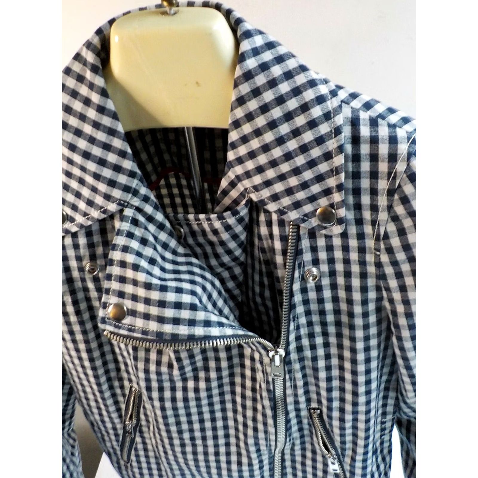 J.Crew J CREW Check Moto Style Jacket Asymmetrical Zip Blue/Ivory Cotton Blend SZ 4 Jacket Women Short 4 Blue Ivory Check Zippered Pockets Great Condition Size S / US 4 / IT 40 - 7 Thumbnail