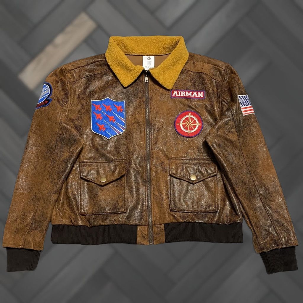 ESPIRIT Spirit Halloween Airman Bomber Jacket Mens XL Faux Leather Patches Costume Brown Aviator Jacket Size US XL / EU 56 / 4 - 1 Thumbnail
