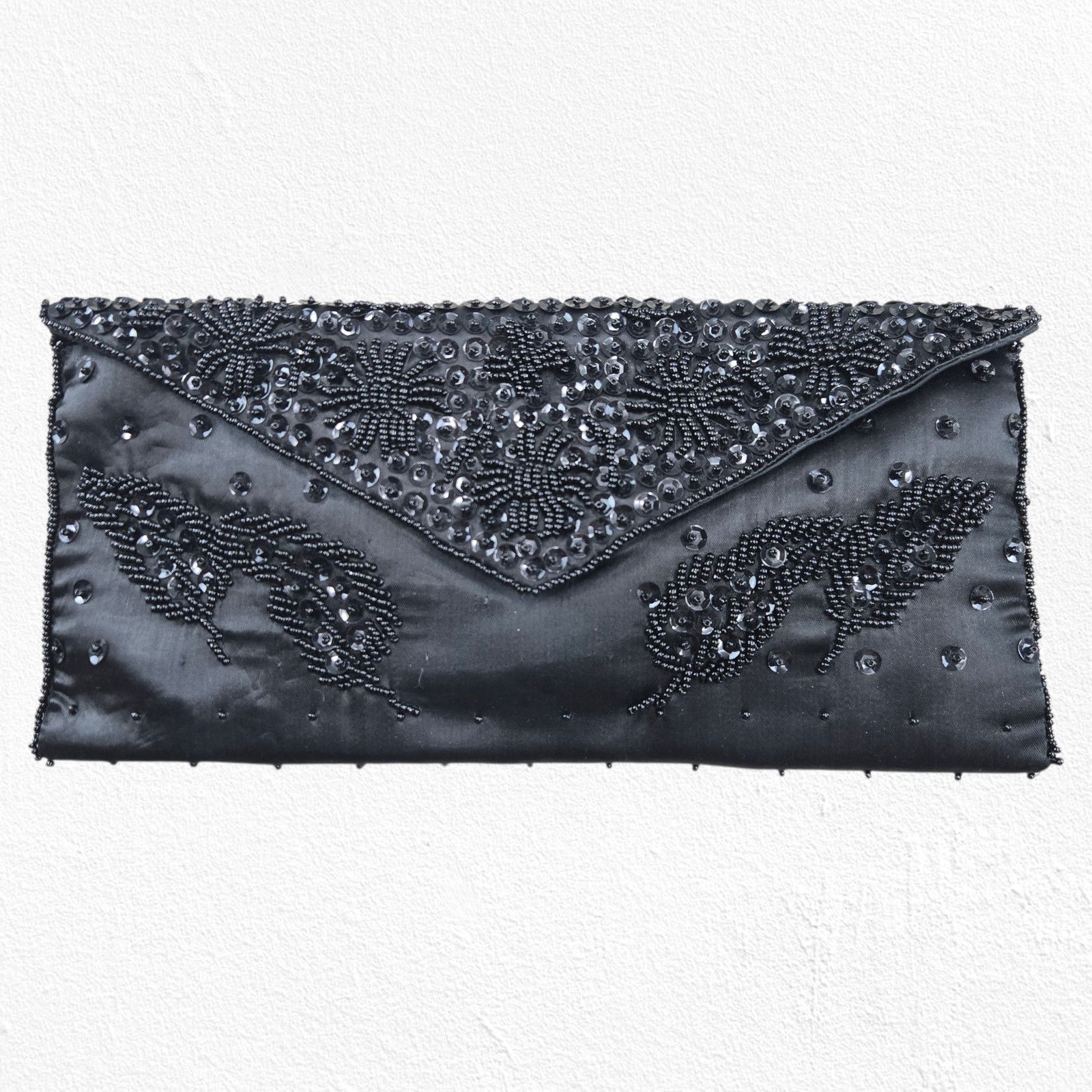 Vintage 1950s Black Beaded Satin Evening Clutch Purse Size ONE SIZE - 1 Thumbnail