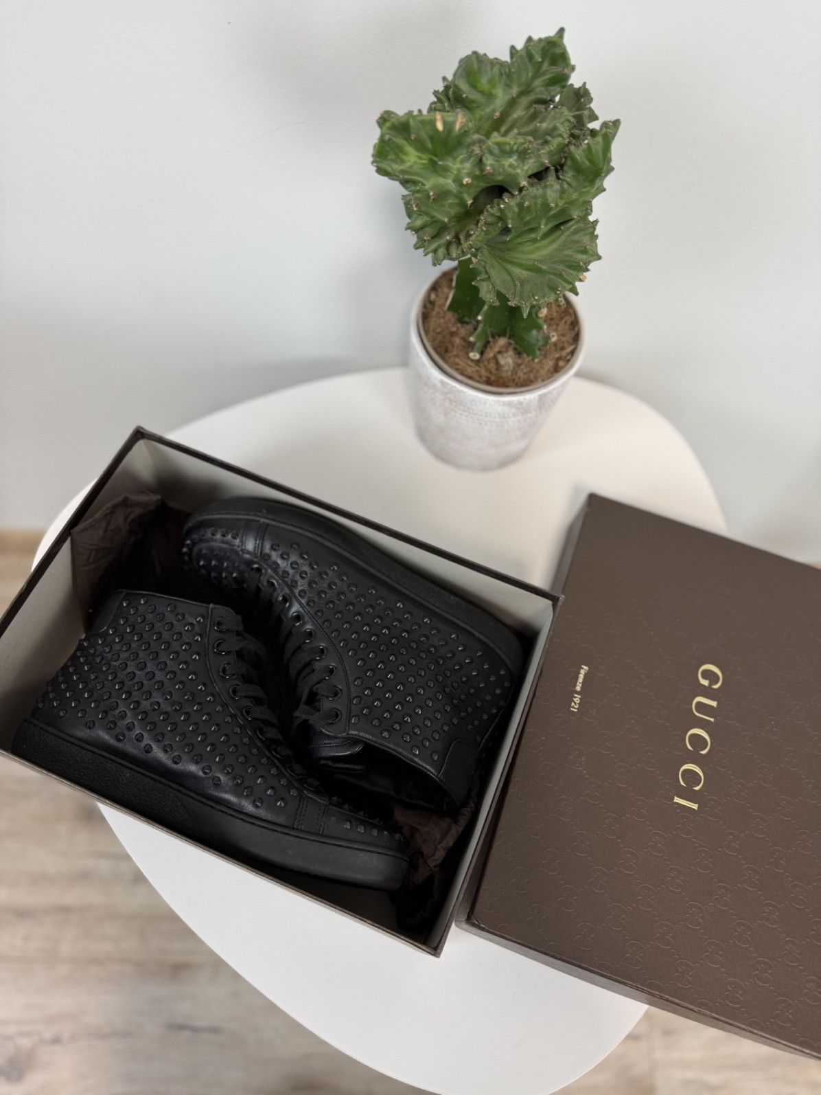 Gucci Gucci Black Leather Studded High-Top Sneakers Size US 7 / IT 37 - 10 Thumbnail