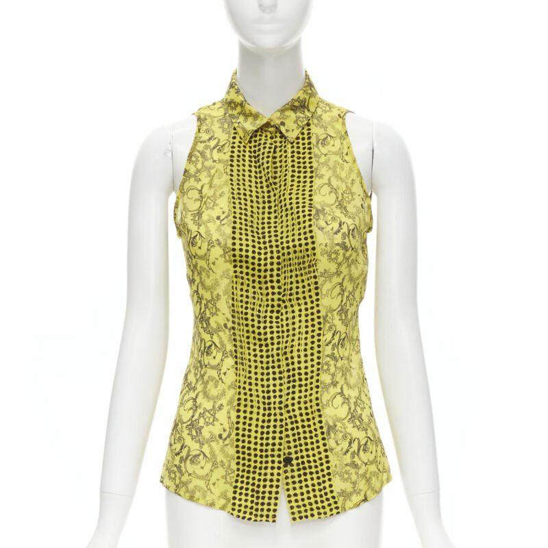 Versace VERSACE yellow silk Baroque print dot pleated collar sleeveless shirt IT40 S Size S / US 4 / IT 40 - 1 Thumbnail