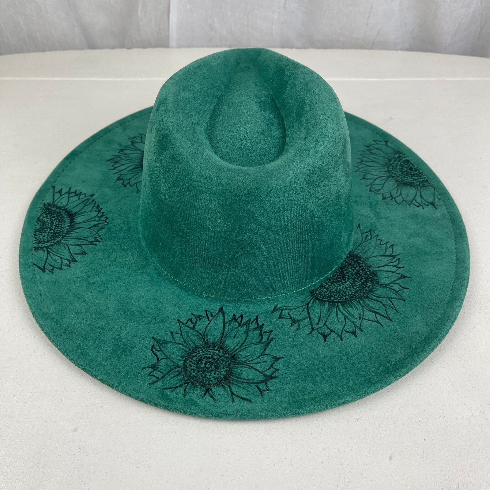 Handmade Green Faux Suede Wide Flat Brim Hat Sunflowers ADJUSTABLE SZ Size ONE SIZE - 16 Thumbnail
