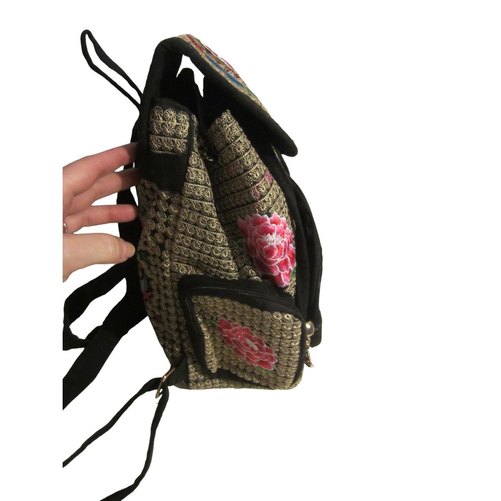 Vintage Boho Embroidered Floral Backpack Black Red Rose Folk Size ONE SIZE - 8 Thumbnail