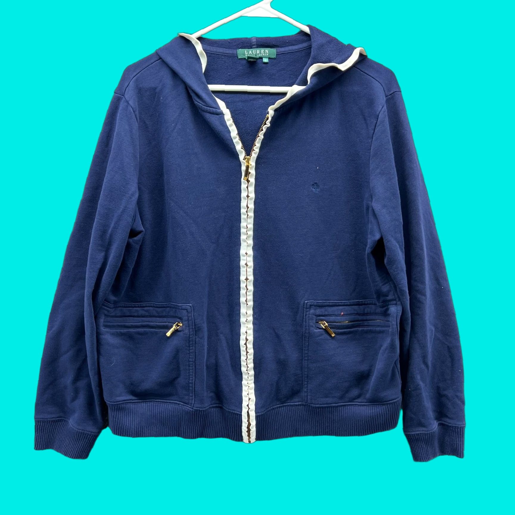 Ralph Lauren VINTAGE Lauren Ralph Lauren Jacket Hoodie Womens XL Blue Full Zip Utility Sweatshirt LRL Women’s Hooded Pockets Fleece Size XL / US 12-14 / IT 48-50 - 1 Thumbnail