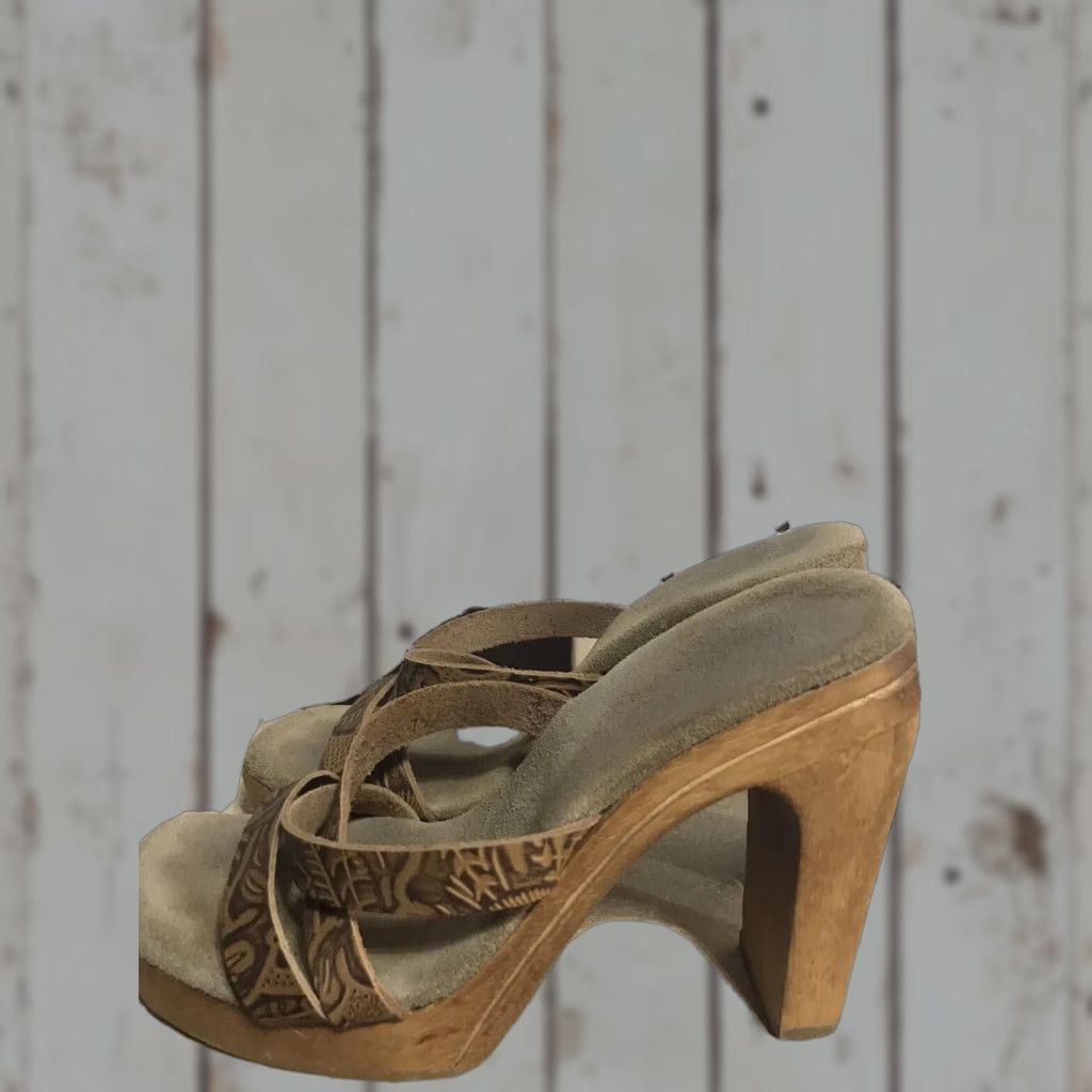 Vintage Journeys Brown Leather/wood Platform Heel Shoes Womens Size 7.5 Open Toe Ultra High Block