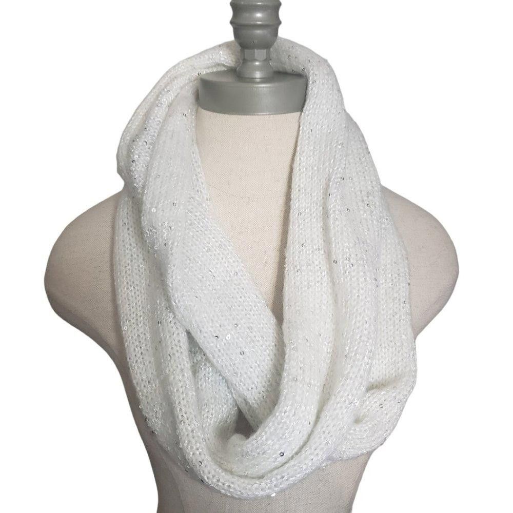 Designer CT826 White with Silver Sequins Infinity Crochet Scarf Size ONE SIZE - 1 Thumbnail