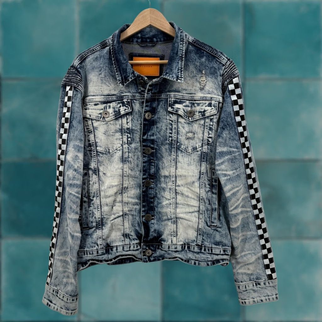 Denime KLOUD9 Denim Jacket Mens L Regular Blue Acid Wash Checkered Sleeve Streetwear Grunge Bomber Casual Fall Spring Jacket Mens Size US L / EU 52-54 / 3 - 1 Thumbnail